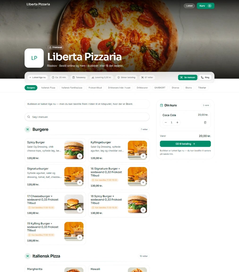 Liberta Pizzarias bestillingsside i Taysti med menukort, priser og kurv